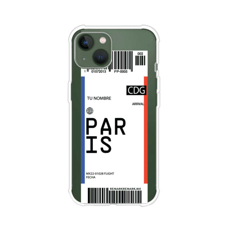 Funda personalizada estilo pase de abordar con diseño de París y código CDG, personalizable con nombre y datos de vuelo; producto de Remark MX para iPhone