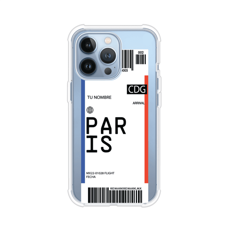 Funda personalizada estilo pase de abordar con diseño de París y código CDG, personalizable con nombre y datos de vuelo; producto de Remark MX para iPhone