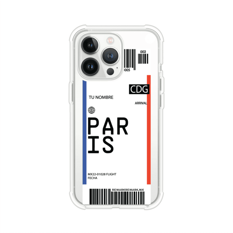Funda personalizada estilo pase de abordar con diseño de París y código CDG, personalizable con nombre y datos de vuelo; producto de Remark MX para iPhone