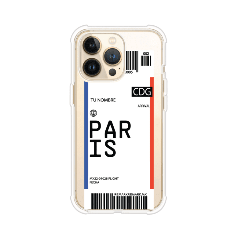 Funda personalizada estilo pase de abordar con diseño de París y código CDG, personalizable con nombre y datos de vuelo; producto de Remark MX para iPhone