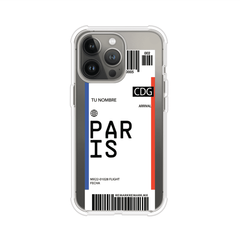 Funda personalizada estilo pase de abordar con diseño de París y código CDG, personalizable con nombre y datos de vuelo; producto de Remark MX para iPhone