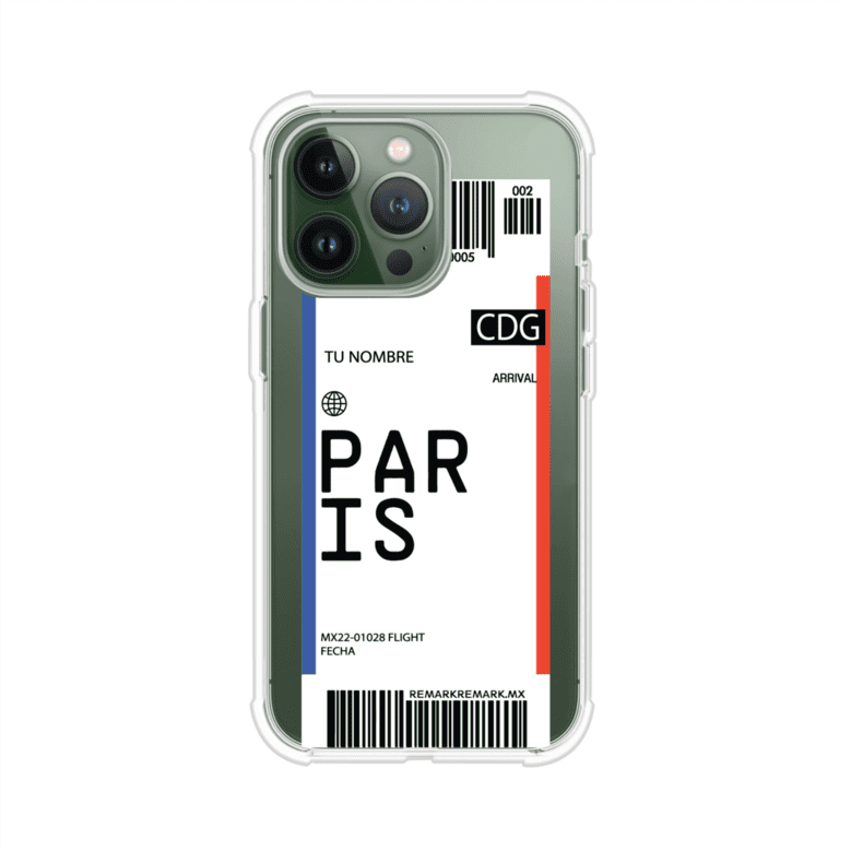Funda personalizada estilo pase de abordar con diseño de París y código CDG, personalizable con nombre y datos de vuelo; producto de Remark MX para iPhone