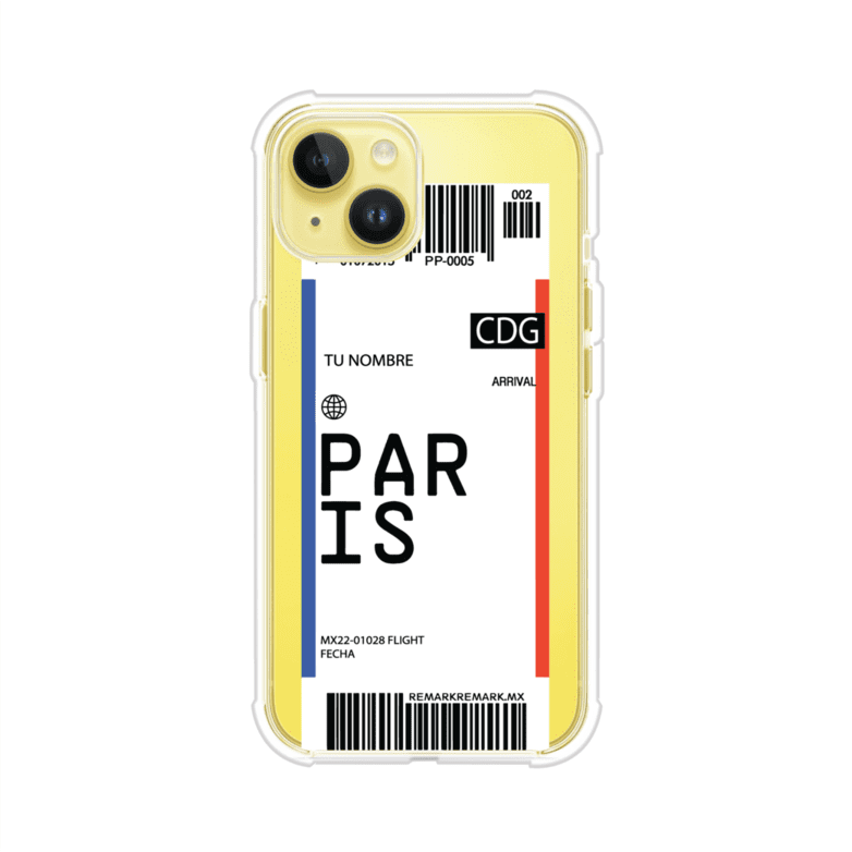 Funda personalizada estilo pase de abordar con diseño de París y código CDG, personalizable con nombre y datos de vuelo; producto de Remark MX para iPhone