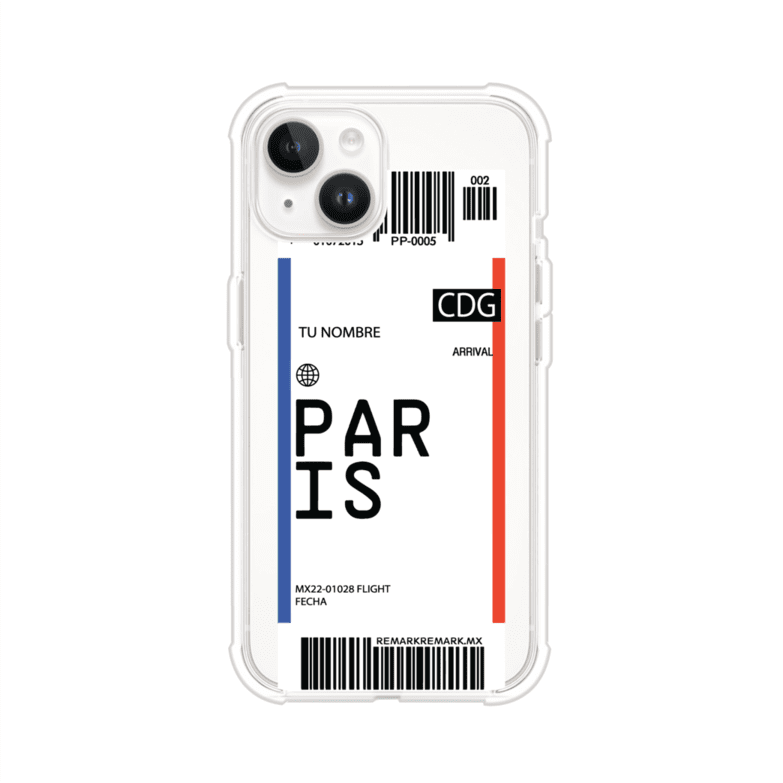 Funda personalizada estilo pase de abordar con diseño de París y código CDG, personalizable con nombre y datos de vuelo; producto de Remark MX para iPhone