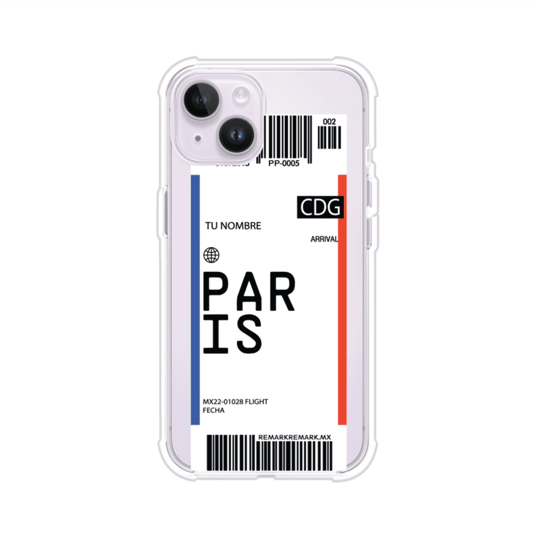 Funda personalizada estilo pase de abordar con diseño de París y código CDG, personalizable con nombre y datos de vuelo; producto de Remark MX para iPhone