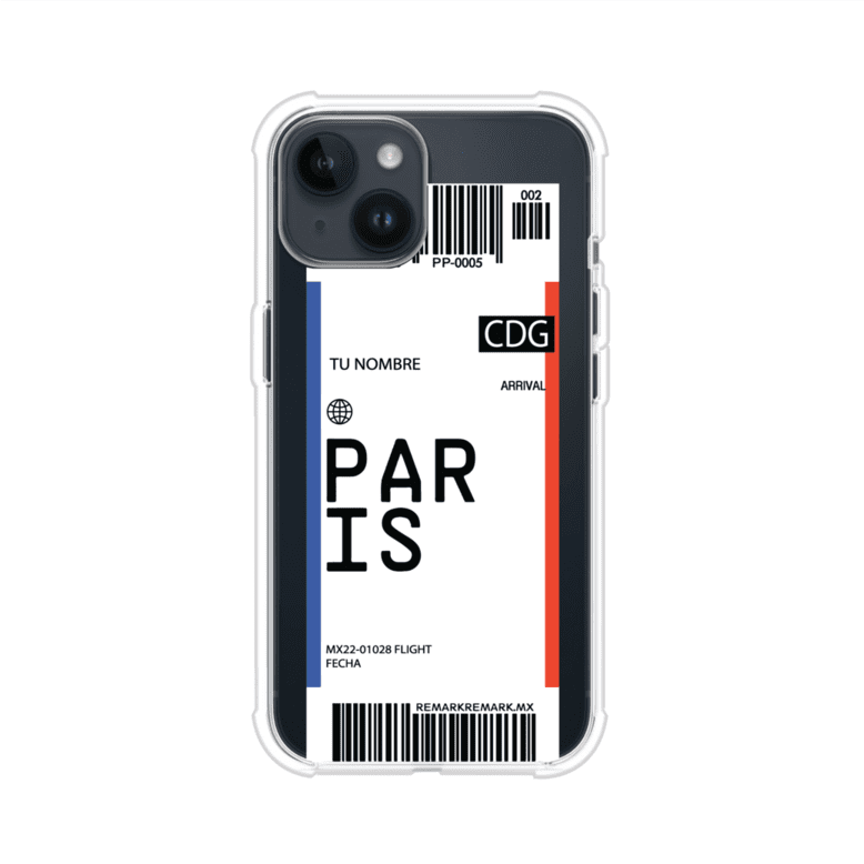 Funda personalizada estilo pase de abordar con diseño de París y código CDG, personalizable con nombre y datos de vuelo; producto de Remark MX para iPhone