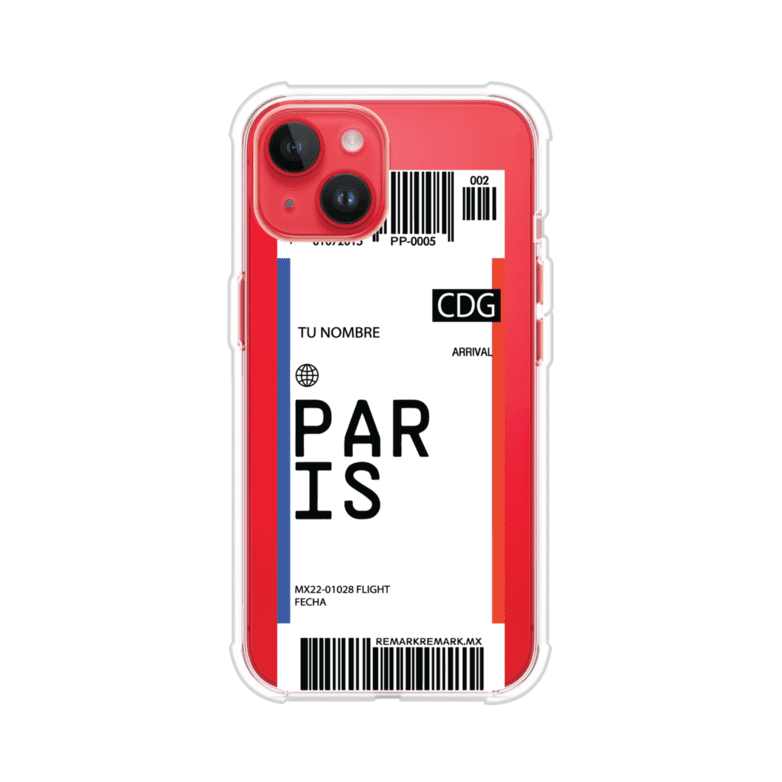 Funda personalizada estilo pase de abordar con diseño de París y código CDG, personalizable con nombre y datos de vuelo; producto de Remark MX para iPhone