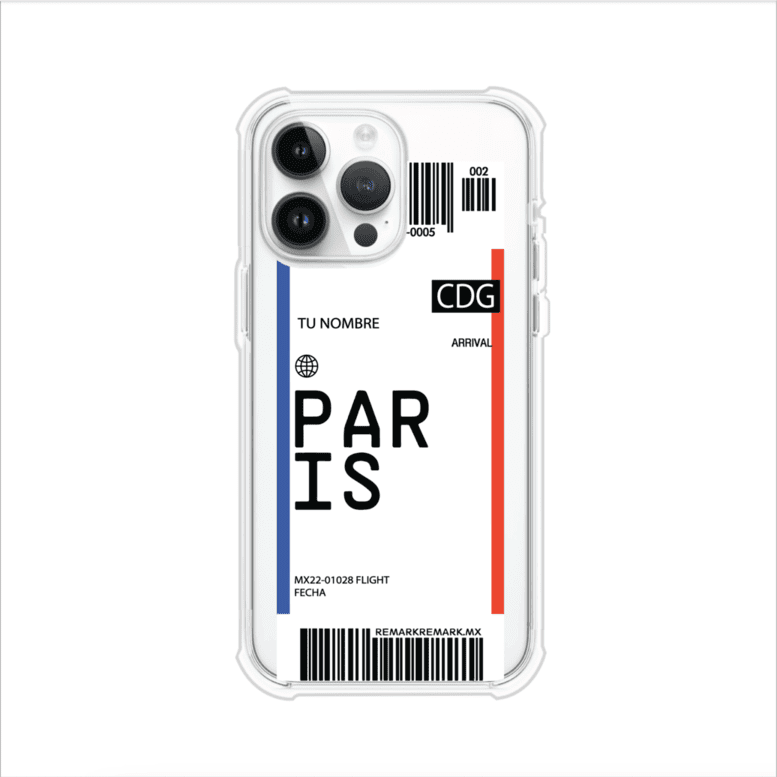 Funda personalizada estilo pase de abordar con diseño de París y código CDG, personalizable con nombre y datos de vuelo; producto de Remark MX para iPhone