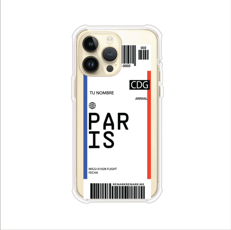 Funda personalizada estilo pase de abordar con diseño de París y código CDG, personalizable con nombre y datos de vuelo; producto de Remark MX para iPhone