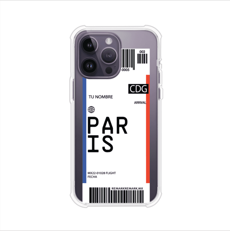 Funda personalizada estilo pase de abordar con diseño de París y código CDG, personalizable con nombre y datos de vuelo; producto de Remark MX para iPhone