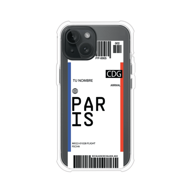 Funda personalizada estilo pase de abordar con diseño de París y código CDG, personalizable con nombre y datos de vuelo; producto de Remark MX para iPhone