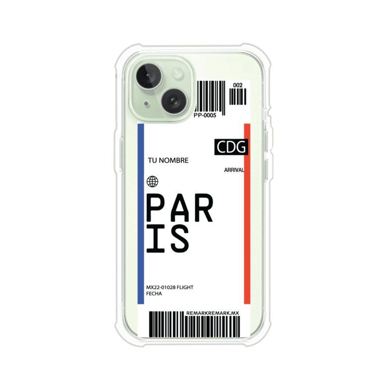 Funda personalizada estilo pase de abordar con diseño de París y código CDG, personalizable con nombre y datos de vuelo; producto de Remark MX para iPhone