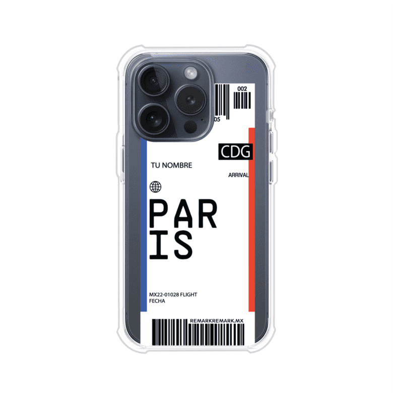 Funda personalizada estilo pase de abordar con diseño de París y código CDG, personalizable con nombre y datos de vuelo; producto de Remark MX para iPhone