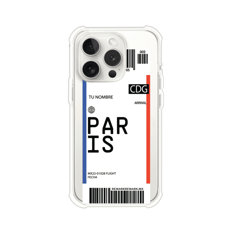 Funda personalizada estilo pase de abordar con diseño de París y código CDG, personalizable con nombre y datos de vuelo; producto de Remark MX para iPhone
