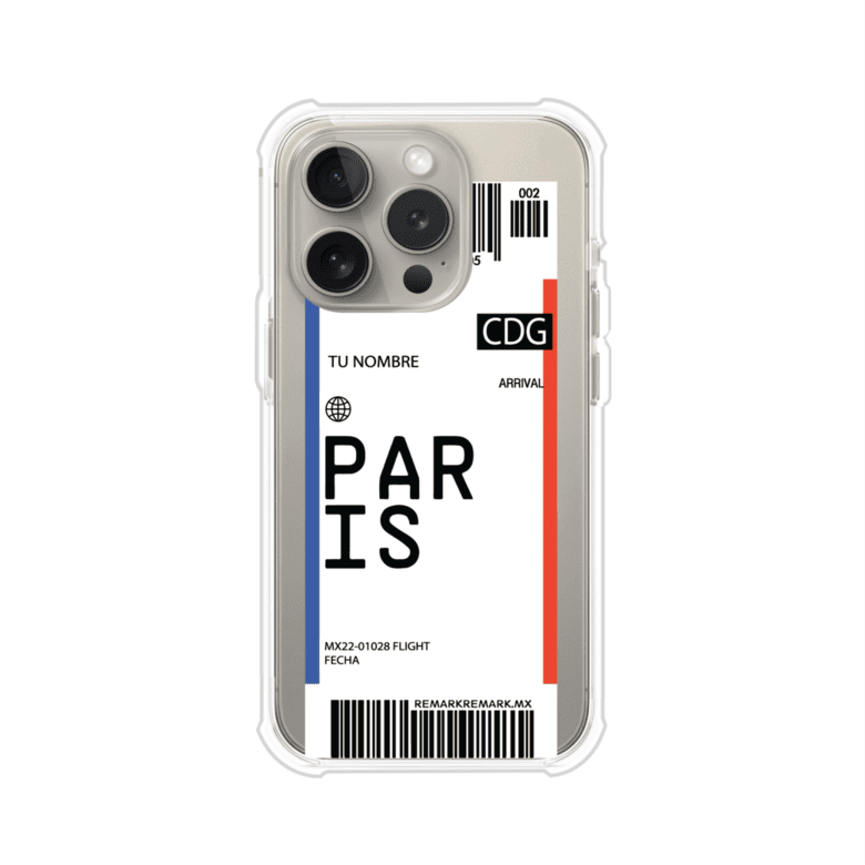 Funda personalizada estilo pase de abordar con diseño de París y código CDG, personalizable con nombre y datos de vuelo; producto de Remark MX para iPhone