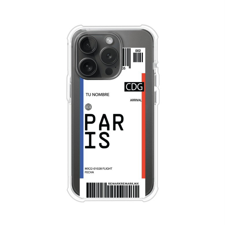 Funda personalizada estilo pase de abordar con diseño de París y código CDG, personalizable con nombre y datos de vuelo; producto de Remark MX para iPhone