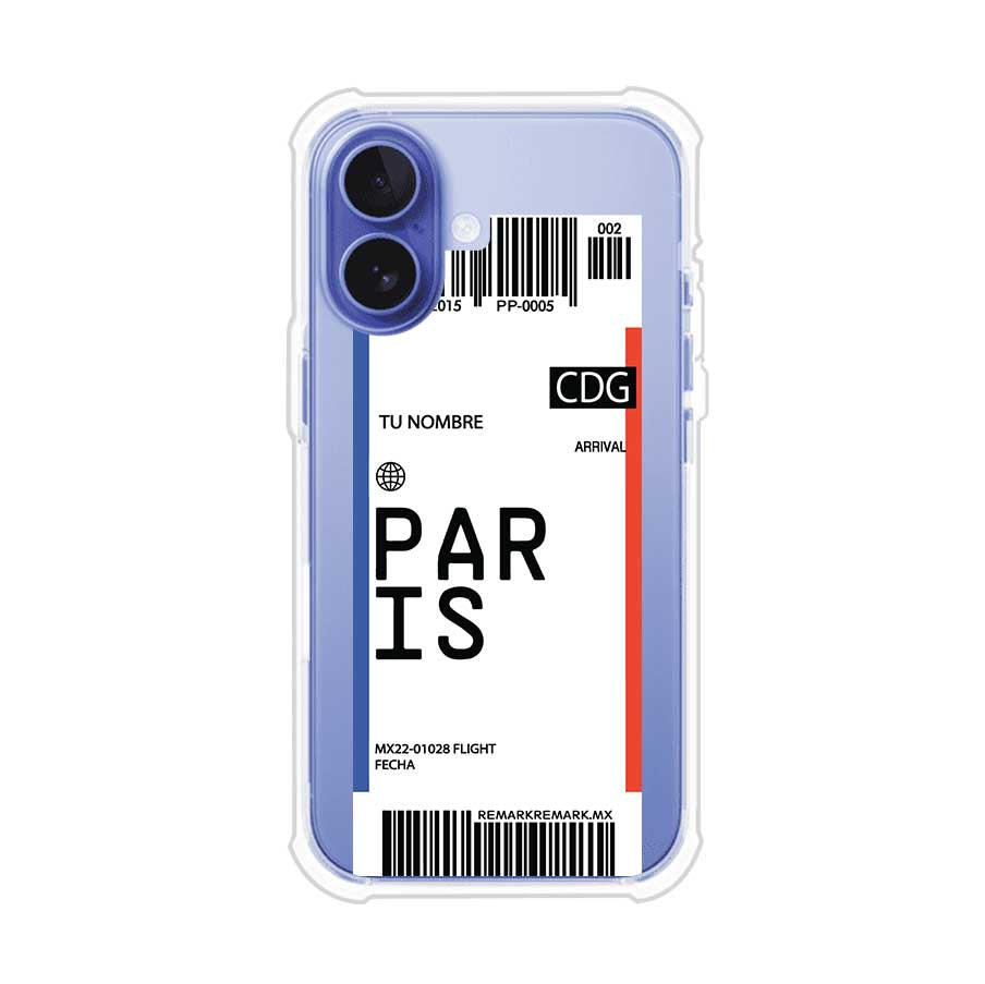 Funda personalizada estilo pase de abordar con diseño de París y código CDG, personalizable con nombre y datos de vuelo; producto de Remark MX para iPhone