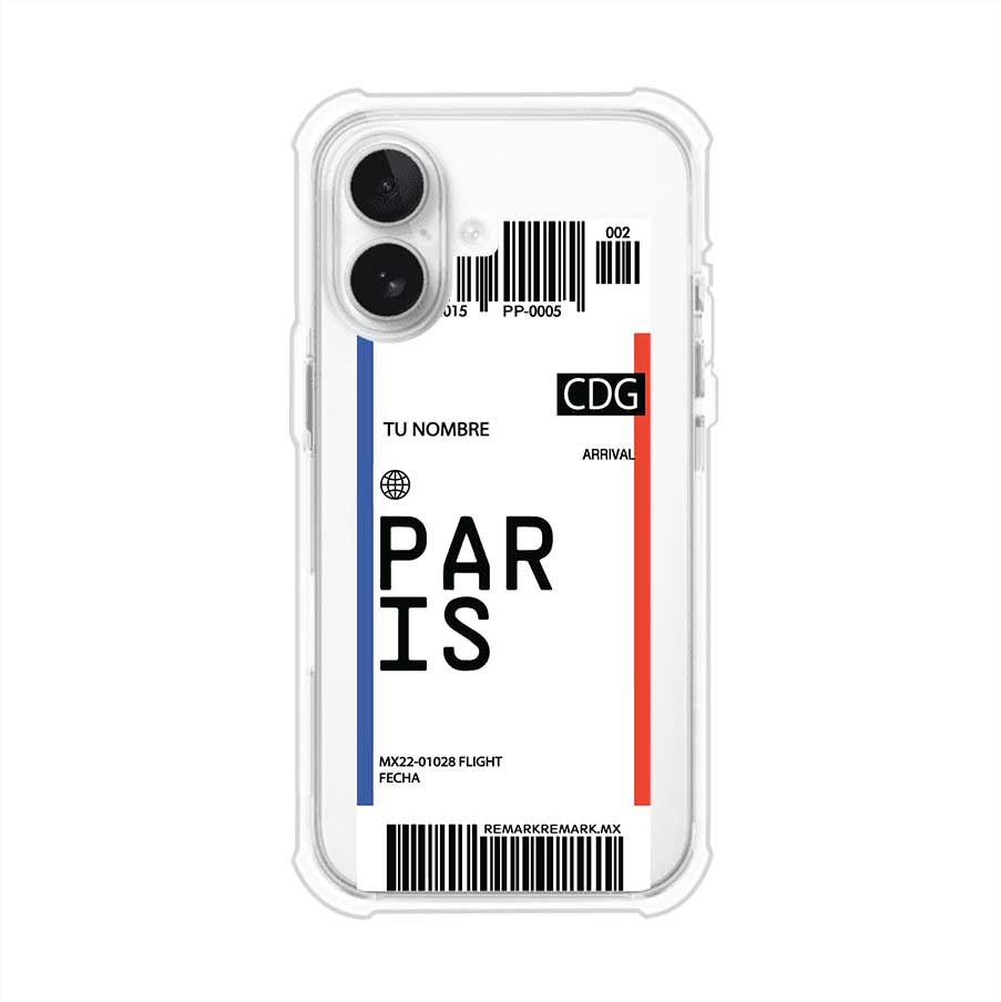 Funda personalizada estilo pase de abordar con diseño de París y código CDG, personalizable con nombre y datos de vuelo; producto de Remark MX para iPhone