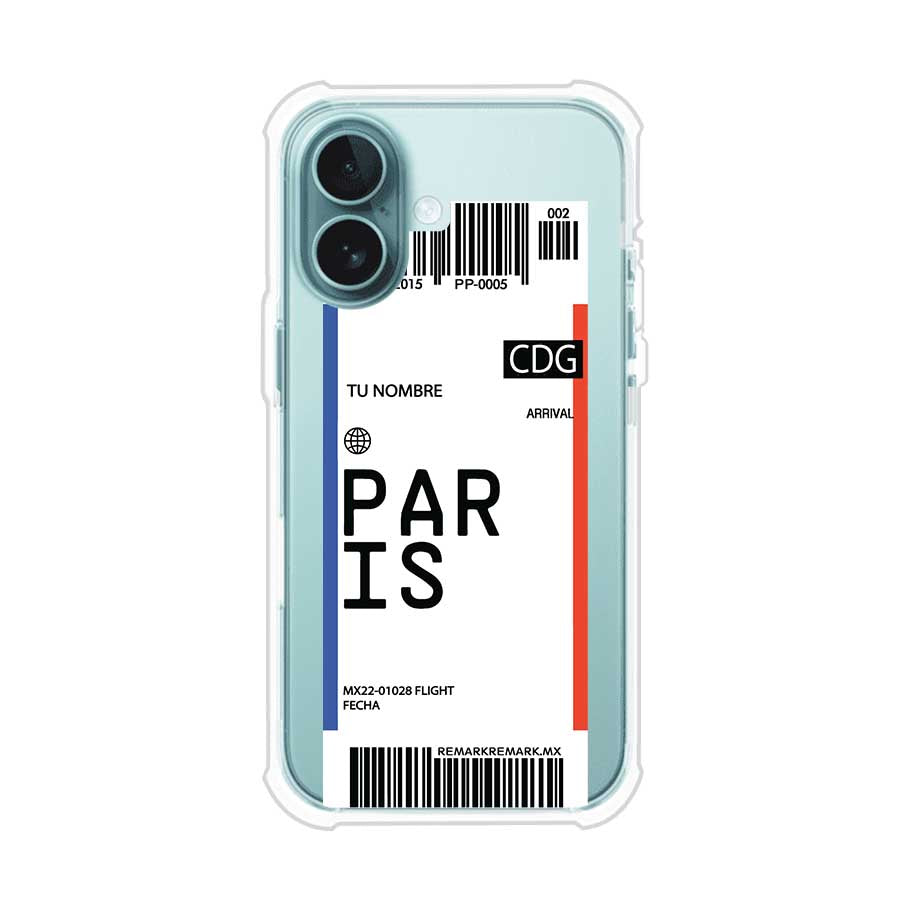 Funda personalizada estilo pase de abordar con diseño de París y código CDG, personalizable con nombre y datos de vuelo; producto de Remark MX para iPhone