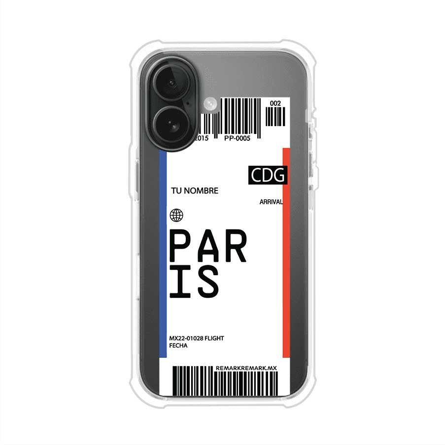 Funda personalizada estilo pase de abordar con diseño de París y código CDG, personalizable con nombre y datos de vuelo; producto de Remark MX para iPhone