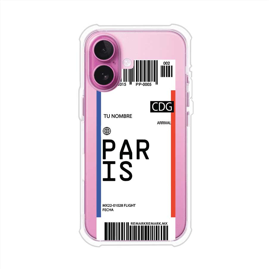 Funda personalizada estilo pase de abordar con diseño de París y código CDG, personalizable con nombre y datos de vuelo; producto de Remark MX para iPhone