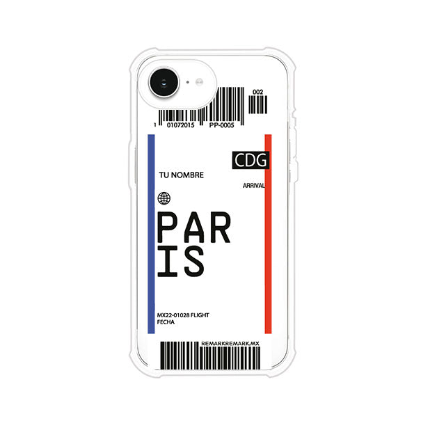 Funda personalizada estilo pase de abordar con diseño de París y código CDG, personalizable con nombre y datos de vuelo; producto de Remark MX para iPhone