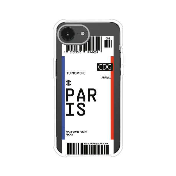 Funda personalizada estilo pase de abordar con diseño de París y código CDG, personalizable con nombre y datos de vuelo; producto de Remark MX para iPhone