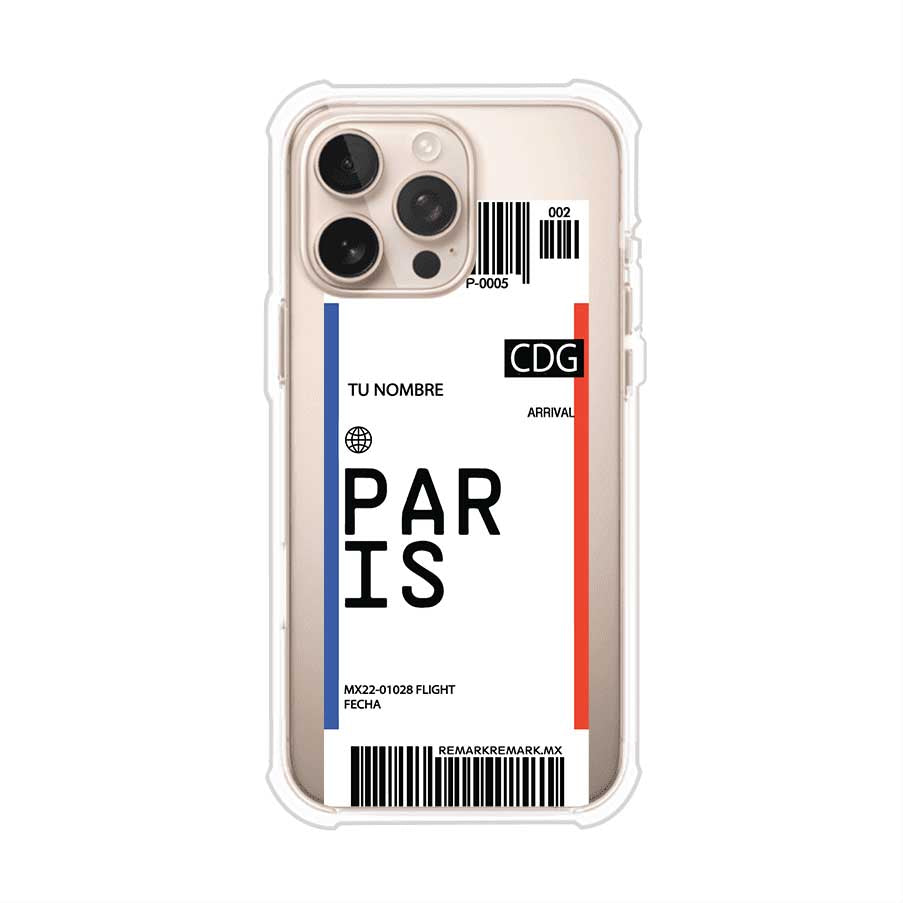 Funda personalizada estilo pase de abordar con diseño de París y código CDG, personalizable con nombre y datos de vuelo; producto de Remark MX para iPhone