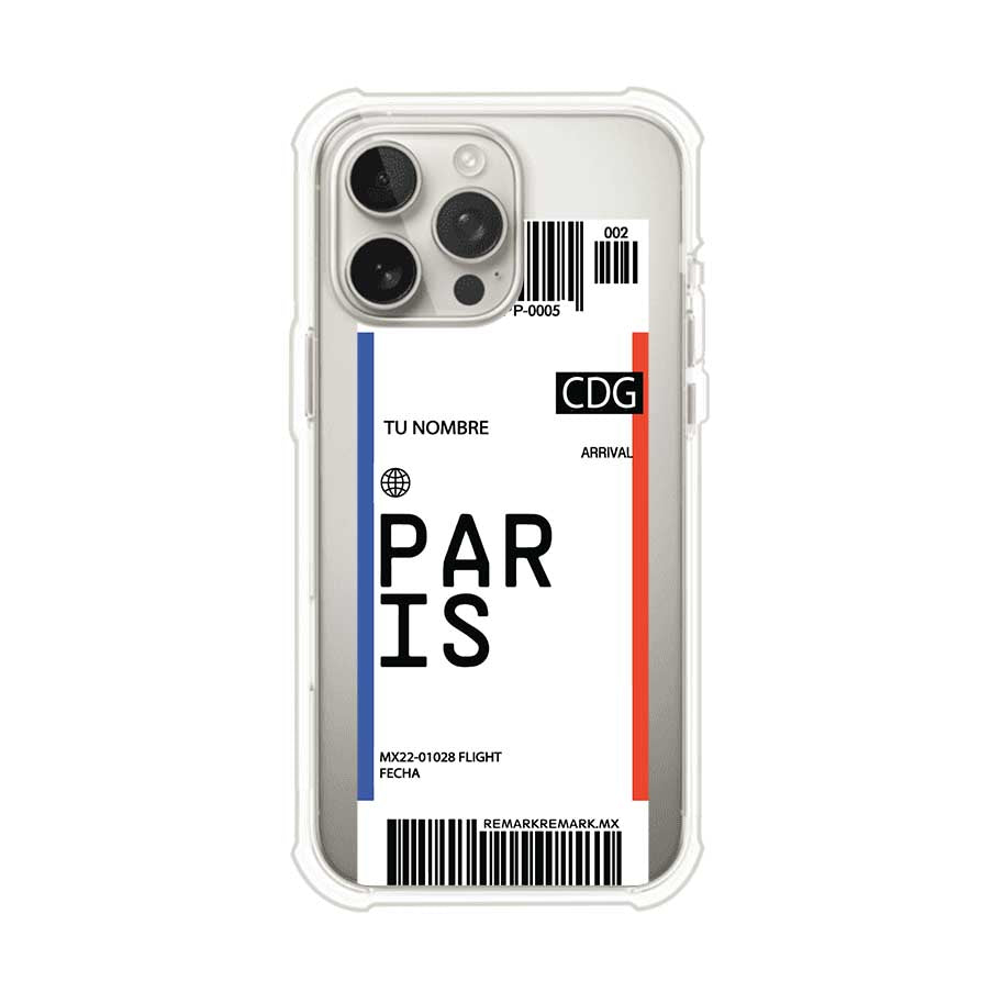 Funda personalizada estilo pase de abordar con diseño de París y código CDG, personalizable con nombre y datos de vuelo; producto de Remark MX para iPhone