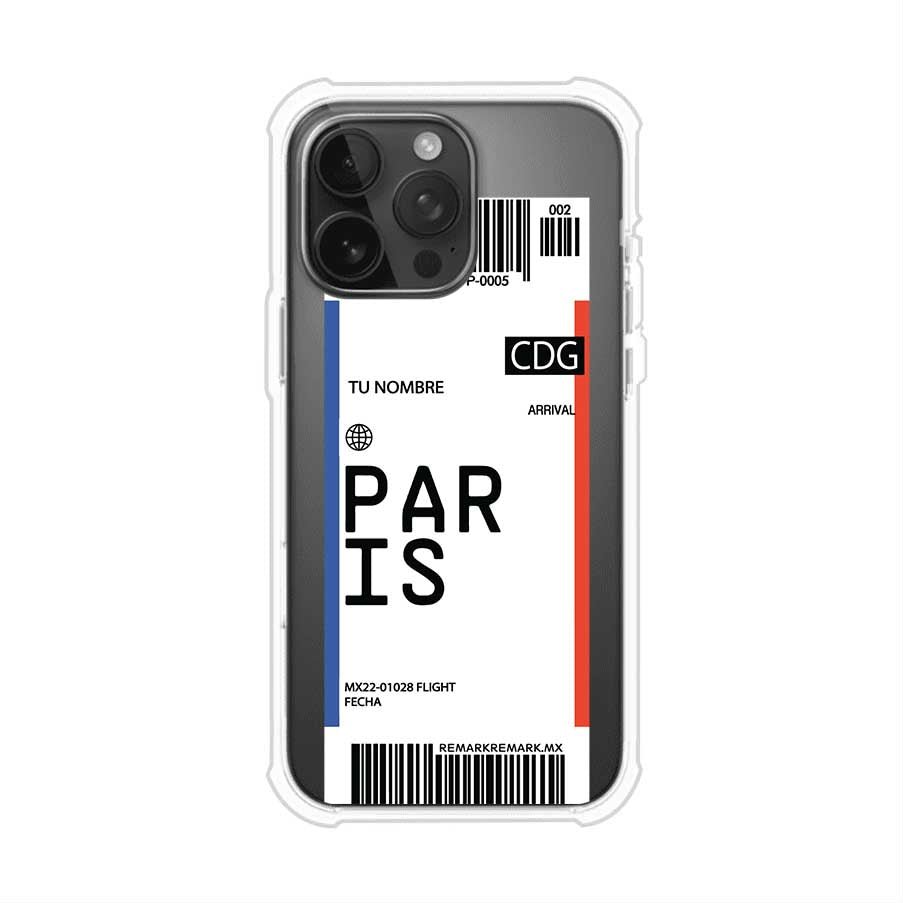 Funda personalizada estilo pase de abordar con diseño de París y código CDG, personalizable con nombre y datos de vuelo; producto de Remark MX para iPhone