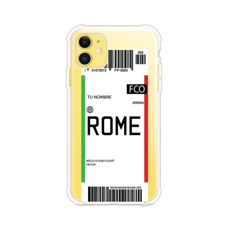 Funda personalizada estilo pase de abordar con diseño de Roma y código FCO, personalizable con nombre y datos de vuelo; producto de Remark MX para iPhone