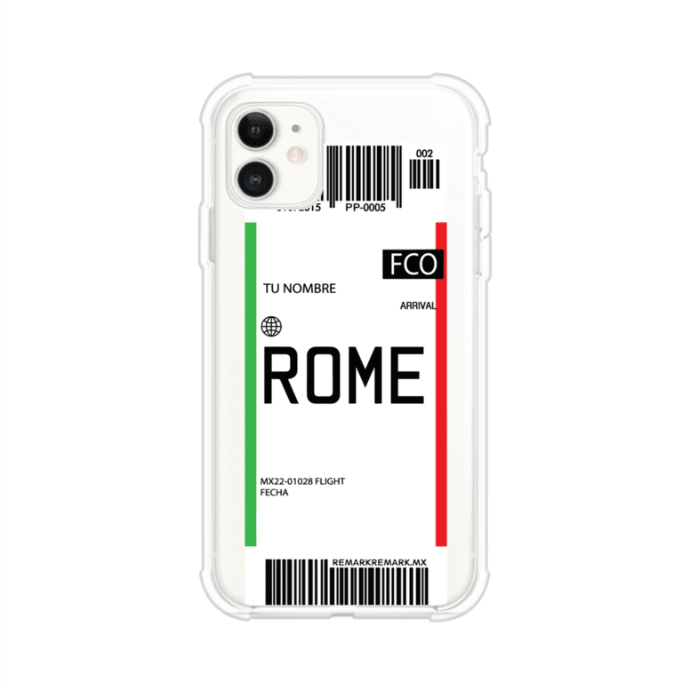 Funda personalizada estilo pase de abordar con diseño de Roma y código FCO, personalizable con nombre y datos de vuelo; producto de Remark MX para iPhone