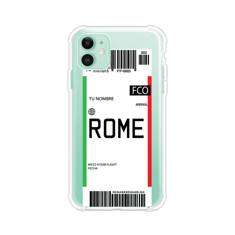 Funda personalizada estilo pase de abordar con diseño de Roma y código FCO, personalizable con nombre y datos de vuelo; producto de Remark MX para iPhone