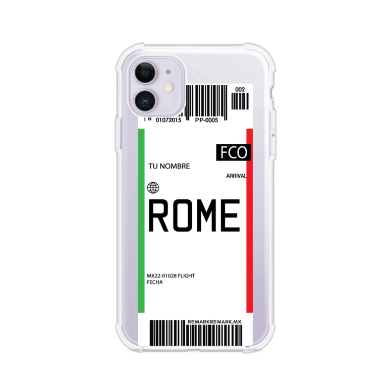 Funda personalizada estilo pase de abordar con diseño de Roma y código FCO, personalizable con nombre y datos de vuelo; producto de Remark MX para iPhone
