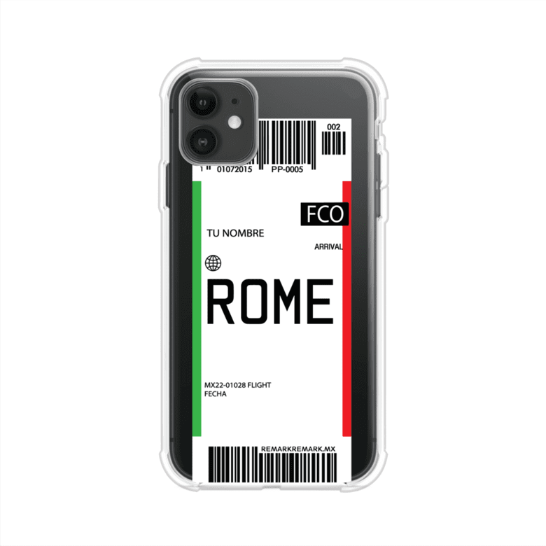 Funda personalizada estilo pase de abordar con diseño de Roma y código FCO, personalizable con nombre y datos de vuelo; producto de Remark MX para iPhone