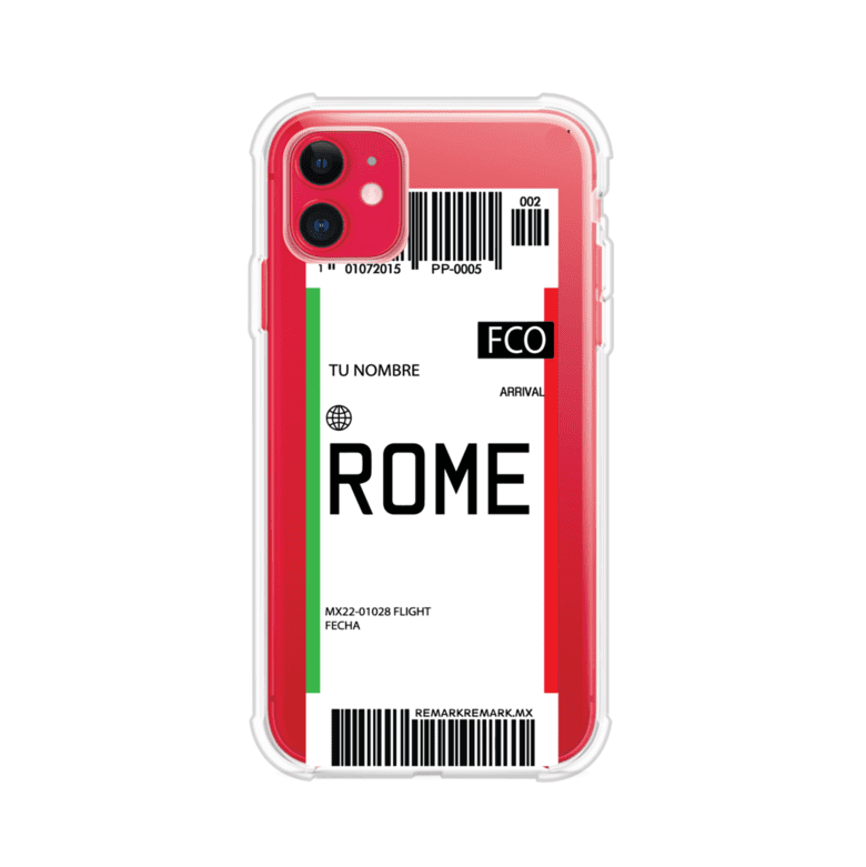Funda personalizada estilo pase de abordar con diseño de Roma y código FCO, personalizable con nombre y datos de vuelo; producto de Remark MX para iPhone