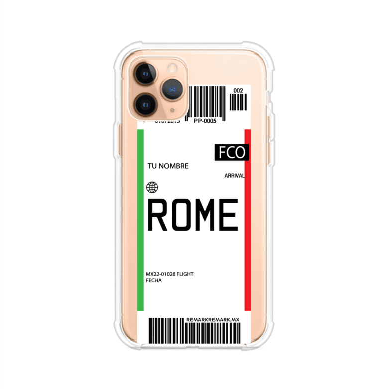 Funda personalizada estilo pase de abordar con diseño de Roma y código FCO, personalizable con nombre y datos de vuelo; producto de Remark MX para iPhone