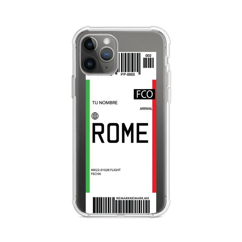 Funda personalizada estilo pase de abordar con diseño de Roma y código FCO, personalizable con nombre y datos de vuelo; producto de Remark MX para iPhone