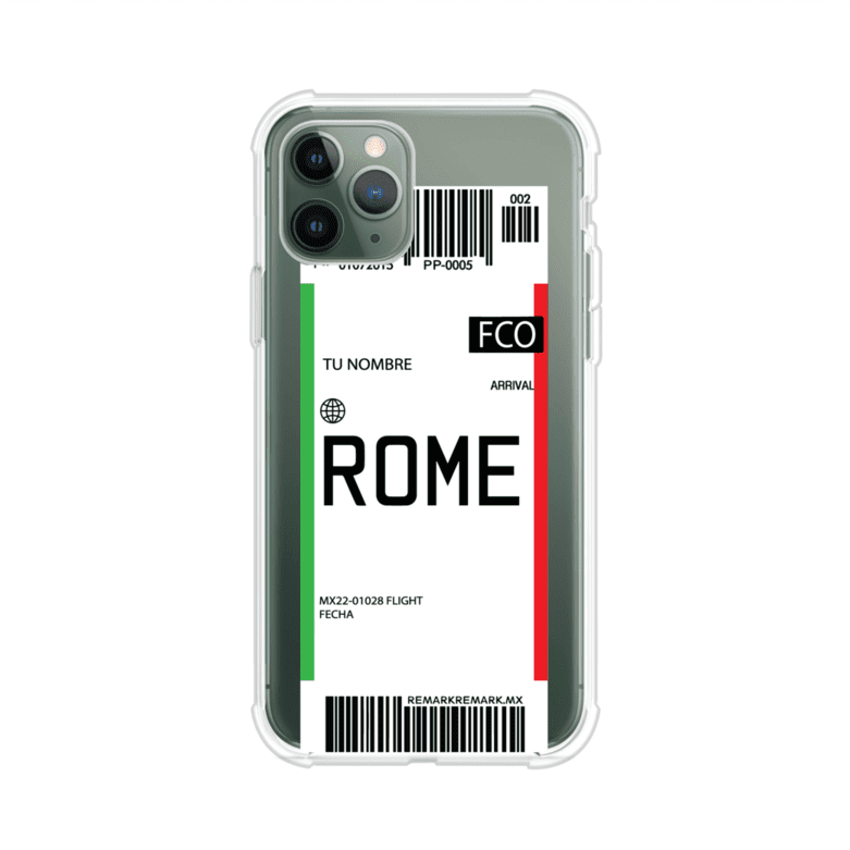Funda personalizada estilo pase de abordar con diseño de Roma y código FCO, personalizable con nombre y datos de vuelo; producto de Remark MX para iPhone