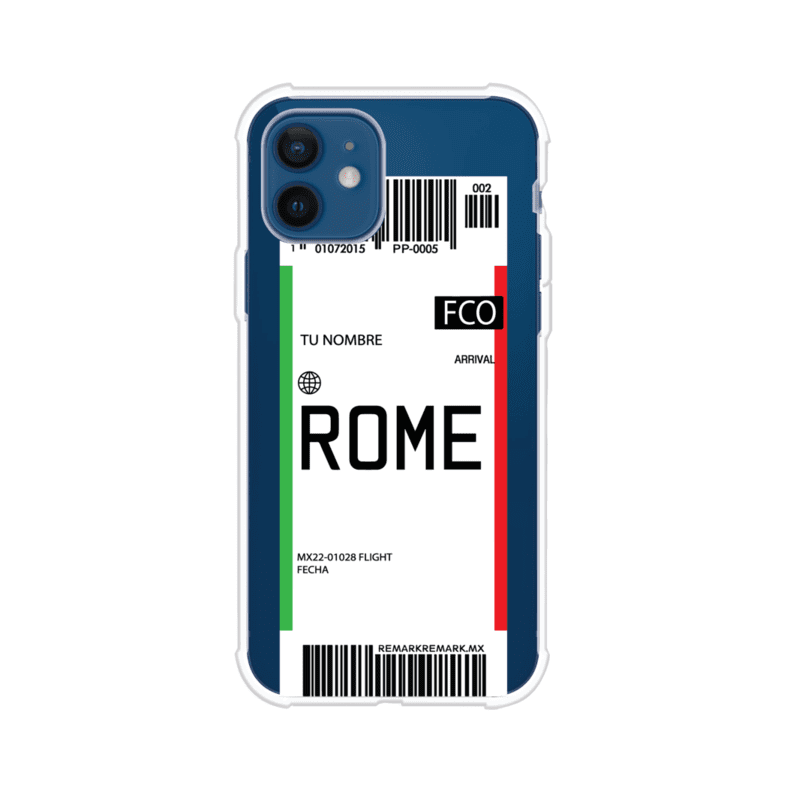 Funda personalizada estilo pase de abordar con diseño de Roma y código FCO, personalizable con nombre y datos de vuelo; producto de Remark MX para iPhone