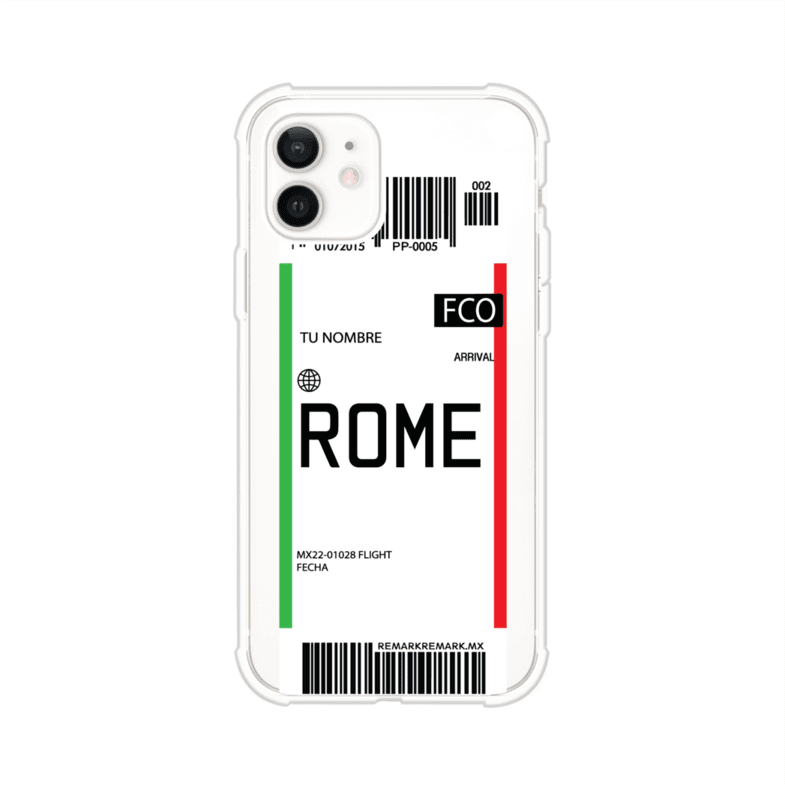 Funda personalizada estilo pase de abordar con diseño de Roma y código FCO, personalizable con nombre y datos de vuelo; producto de Remark MX para iPhone