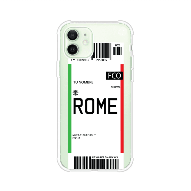 Funda personalizada estilo pase de abordar con diseño de Roma y código FCO, personalizable con nombre y datos de vuelo; producto de Remark MX para iPhone