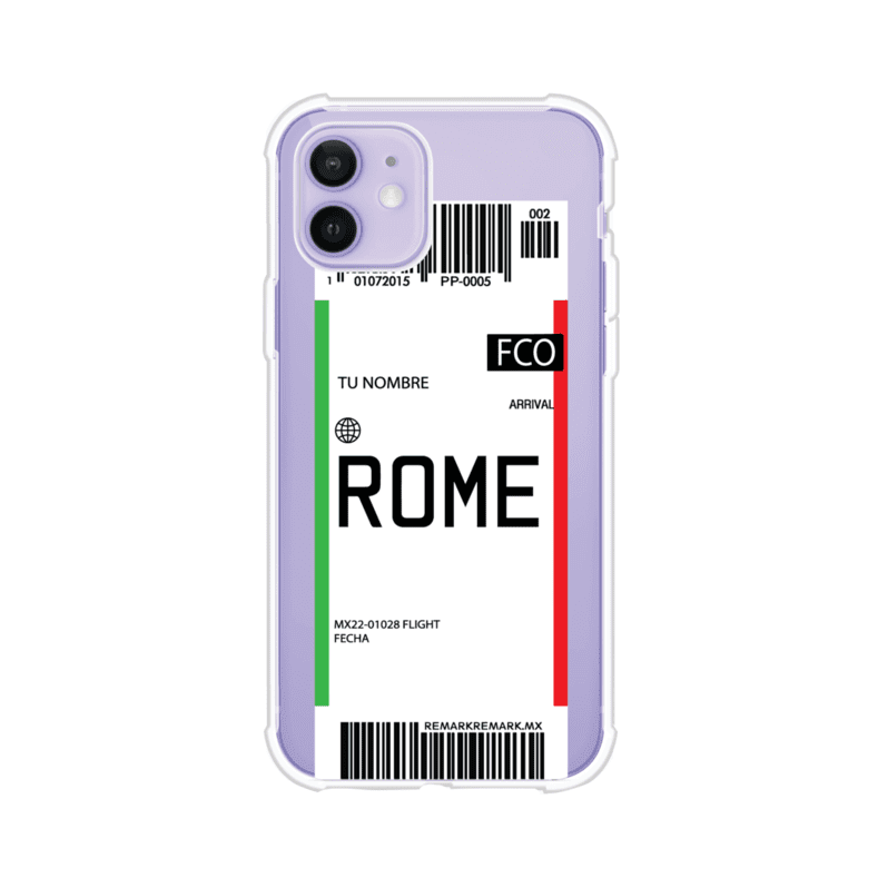 Funda personalizada estilo pase de abordar con diseño de Roma y código FCO, personalizable con nombre y datos de vuelo; producto de Remark MX para iPhone