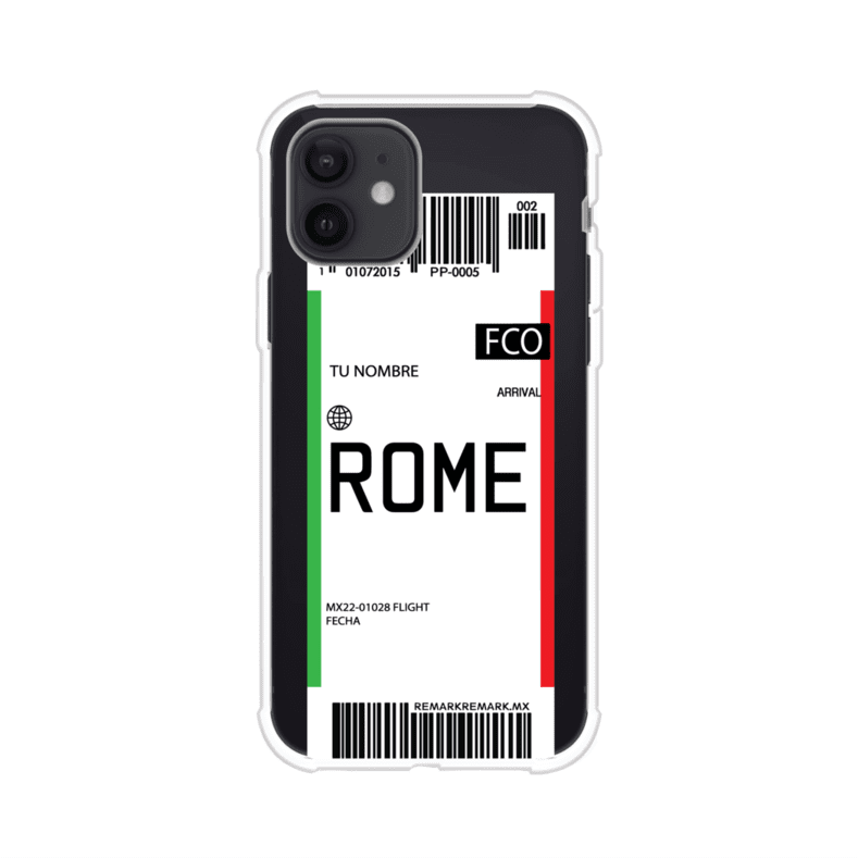 Funda personalizada estilo pase de abordar con diseño de Roma y código FCO, personalizable con nombre y datos de vuelo; producto de Remark MX para iPhone