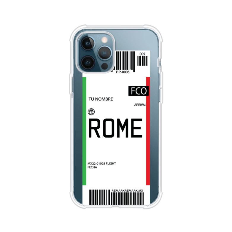 Funda personalizada estilo pase de abordar con diseño de Roma y código FCO, personalizable con nombre y datos de vuelo; producto de Remark MX para iPhone
