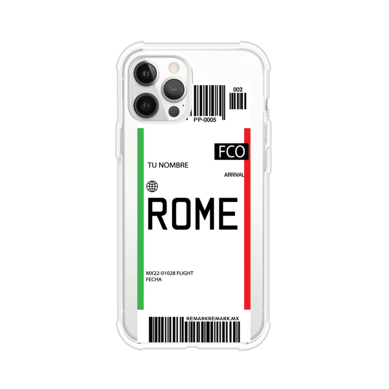 Funda personalizada estilo pase de abordar con diseño de Roma y código FCO, personalizable con nombre y datos de vuelo; producto de Remark MX para iPhone
