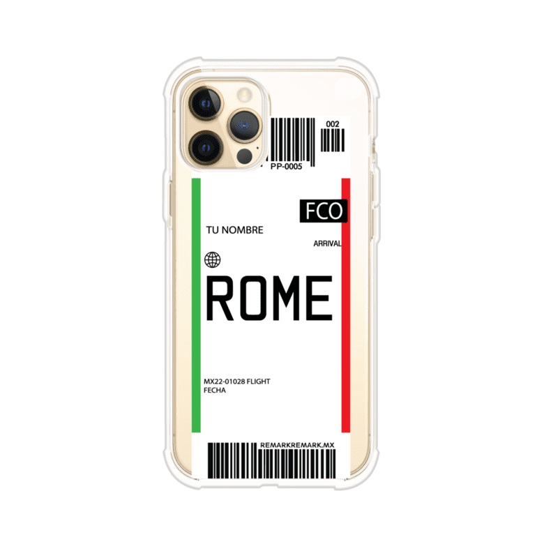 Funda personalizada estilo pase de abordar con diseño de Roma y código FCO, personalizable con nombre y datos de vuelo; producto de Remark MX para iPhone