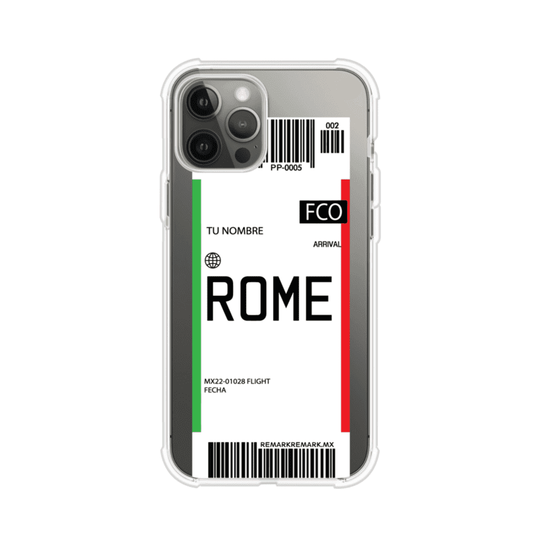 Funda personalizada estilo pase de abordar con diseño de Roma y código FCO, personalizable con nombre y datos de vuelo; producto de Remark MX para iPhone