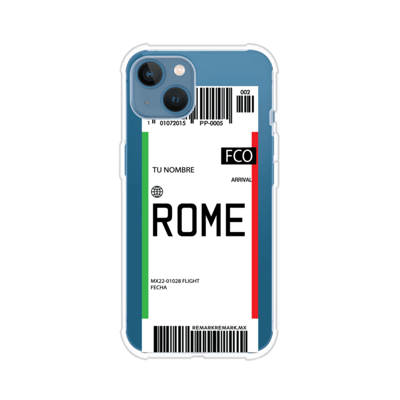Funda personalizada estilo pase de abordar con diseño de Roma y código FCO, personalizable con nombre y datos de vuelo; producto de Remark MX para iPhone