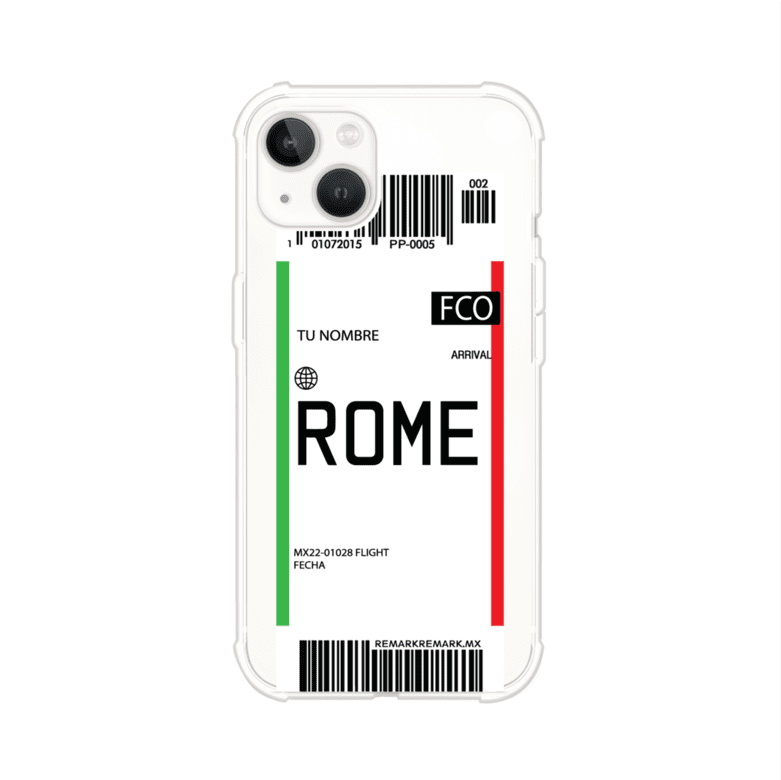 Funda personalizada estilo pase de abordar con diseño de Roma y código FCO, personalizable con nombre y datos de vuelo; producto de Remark MX para iPhone